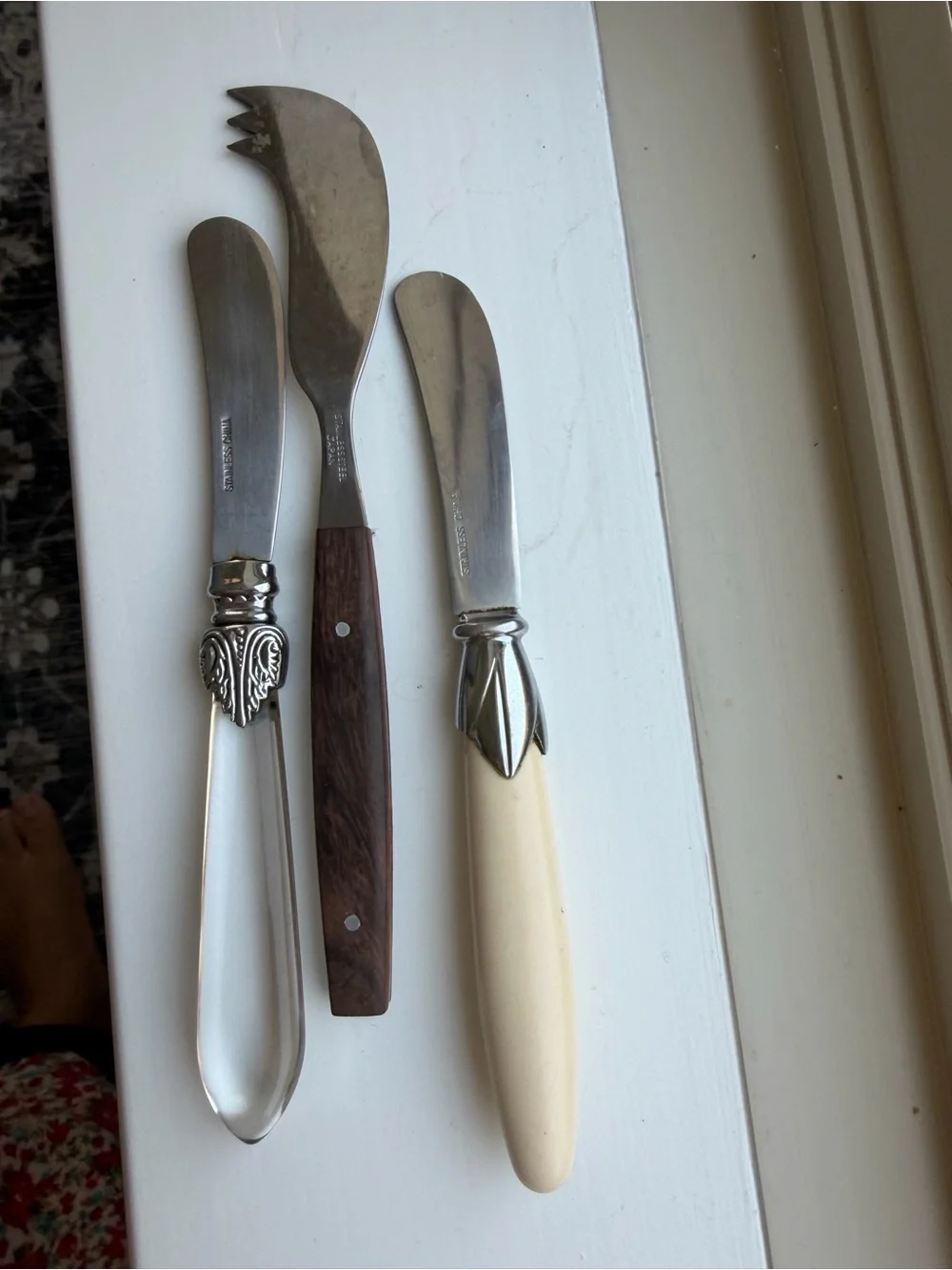Assorted Cheese Spreaders - Ivory, Wood, and Silver Handles